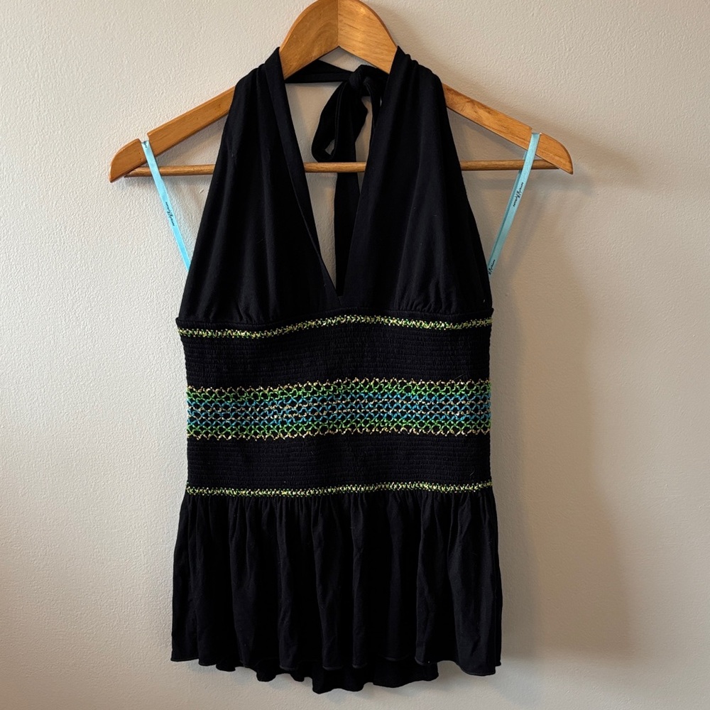 Marciano Black Halter Top with Green & Blue Embroidered Waist